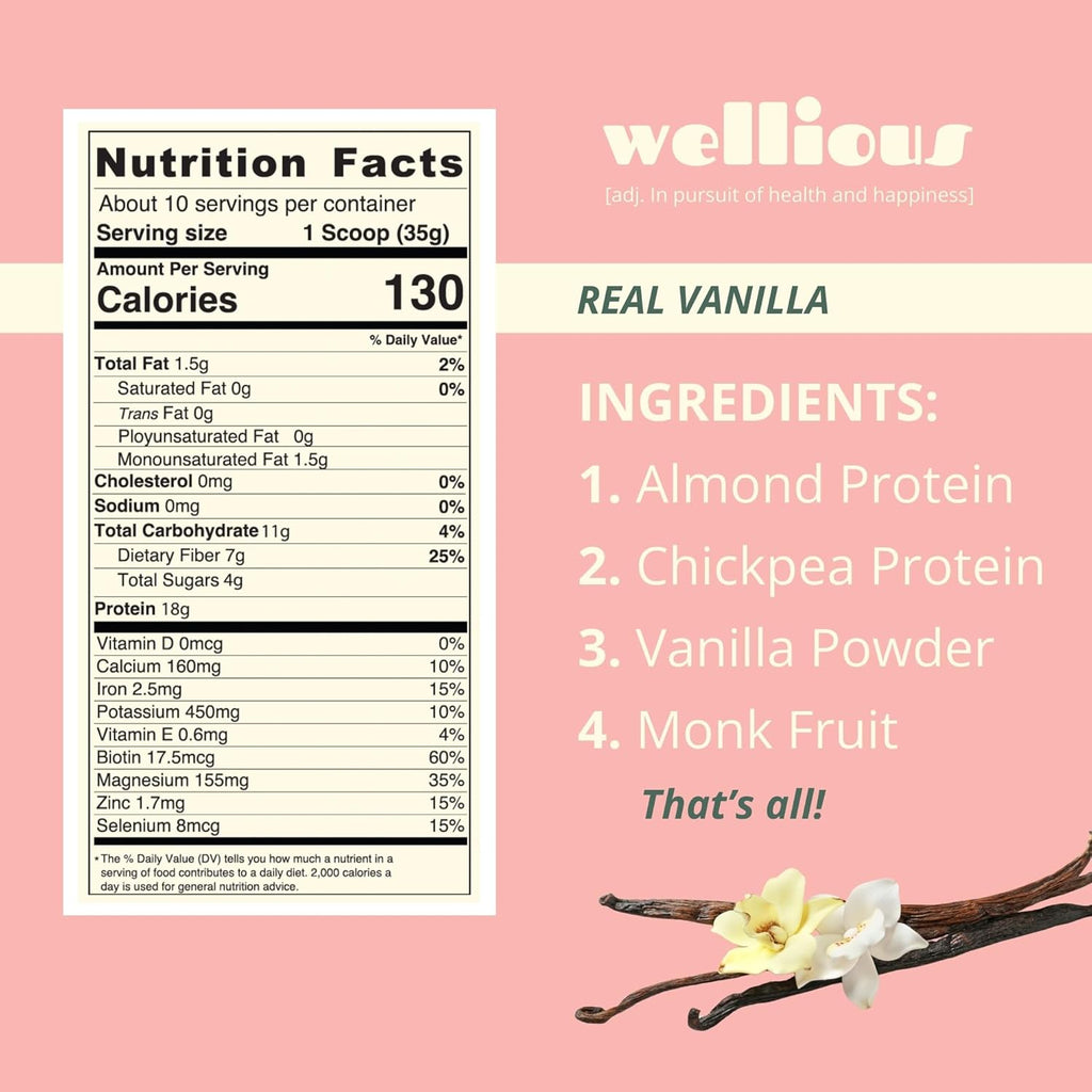wellious Almond Vegan Protein Powder, Vanilla, 18g Protein, Soy-Free