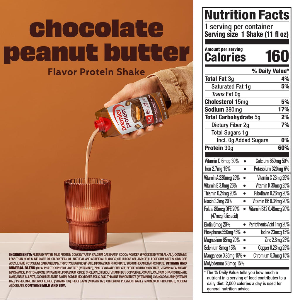 Premier Protein 30g High Protein Shake, Chocolate Peanut Butter, 12 Pack
