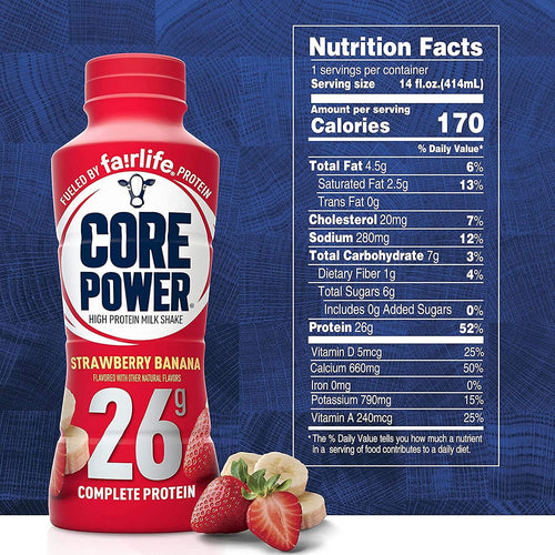 Fairlife Core Power High Protein Milk Shake, Natural Flavor Ready to Drink Protein Shake, The best Strawberry Protein Shakes, 14 fl oz , 26gm (Strawberry Banana flavor, Pack of 6 Bottles) protein, beverages, strawberries, FORBES PREMIER CARD INCLUDED!